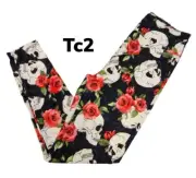 TC2 Lularoe Leggings Leggings Floral Skull Rose on Black Fits 18/24 RARE