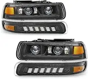 LED Headlights Assembly With Hi/Low Beam Turn Signal Lights Bulbs Compatible with 1999-2002 Chevy Silverado 1500 2500 3500, 2000-2006 Chevy Suburban Tahoe, Amber Side Marker-NO DRL(NOT FIT for GMC)