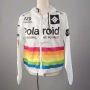Polaroid Camera Lined Windbreaker Jacket White Rainbow Hood Full Zip Small NWT