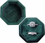 Huatsing Jewelry Box Velvet Ring Box, Octagonal Ring Bearer Box with Detachable Lid, Gorgeous Vintage Double Slots Ring Box for Proposal, Engagement, Wedding(Dark Emerald)