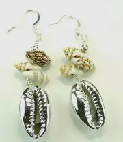 Silver Cowrie Dangle Earrings with Sea Shells Handmade Ocean Beach Jewelry