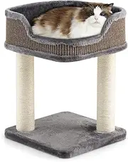 Compact Cat Tree Tower, Carpeted Natural Sisal Tower w/Large Plush Perch & Scratching Posts, Cat Climbing Tree Play Center, Cat Home Furniture for Scratching, Relaxing & Sleeping