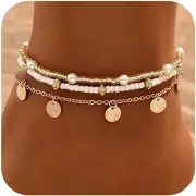 14K Gold Shell Anklet Set - Boho Beach Beaded Adjustable Ankle Bracelet for Wome