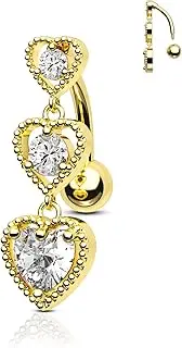 [Agrewd] Triple Heart Dangle Belly Button Rings 14G Reverse Belly Navel Rings Dangly Cute Belly Piercing Jewelry Stainless Steel