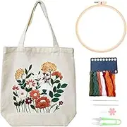 Embroidery Kit, Canvas Tote Bag Embroidery Kit with Pattern for Beginners, Adult Beginner DIY Needle Kit Craft Kits for Adults, Flower Embroidery Tote Bag with Embroidery Hoop Threads Instructions