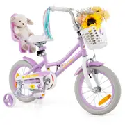 Costway 36 cm Bike Bicycle Ride-on w/Training Wheels & Doll Seat & Front Basket Girls Beginner Purple