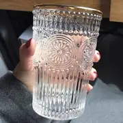 Retro Embossed Glass Drinking Cup Short Edition - Transparent - 260ml