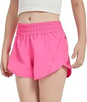 [Aurefin] Girls Athletic Shorts, Quick Dry Running Shorts for Kids Teen Girls Active Sports Track Shorts with Zip Pocket Liner