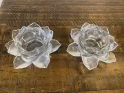 Pair Of Slymeay Crystal Glass Lotus Candle Holders 5 Inch Tea Light -New In Box