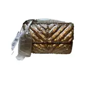 Nicole Miller Gold Sequin Chain Strap Crossbody Small Bag Purse Card Slots NWT
