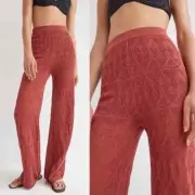 Anthropologie Flat White Knit Wide Flare Pants Women L NWT Stretch Elastic Waist