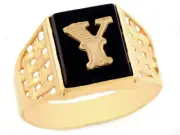 10k or 14k Yellow Gold Bold Black Onyx Mens Basket Weave Initial Letter Y Ring