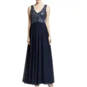 NEW AIDAN MATTOX Navy Sequined Bodice Chiffon Formal Gown Size 6