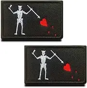 Zcketo 2 Pieces Black Beard Pirate Red Heart Military Embroidered Applique Hook & Loop Pirate Flag Emblem Patch for Attach to Clothes Jackets Jean Hat Vest Dogs Harness Collect(BBP)