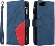LEMORRY Case for iPhone 6 7 8, Zipper Wallet Case with 9 Card Slots & Money Pocket Cover Pouch, Media Stand & Hand Strap Flip Leather Phone Case for iPhone 6 7 8, Blue