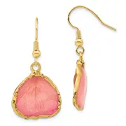 Fashion 24K Gold-Trim Lacquer Dipped Pink Real Rose Petal Gold-Tone Dangle Wire Earrings
