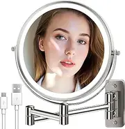 Wall Mounted Lighted Makeup Mirror Brushed Nickel, 1X/10X Magnifying Vanity Mirror with 3 Color Lights, LED Dimmable 4000mAh Rechargeable Light up Mirror, 360° Swivel Shaving Mirror 17 Inch Extendable