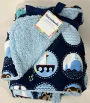 NWT Garanimals Navy Blue Nautical Whale Monkey Lion Elephant Plush Baby Blanket