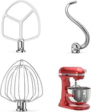 Stainless Steel Kitchen Mixers Accessories for KitchenAid Mixer and 5.5-6 Qt Bowl (KN256 6-Wire Whip, 5.5-6QT Flat Beater, 6QT Dough Hook Attachment) Dishwasher safe