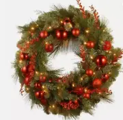 24" Prelit Evergreen Christmas Wreath with Ball Ornaments and Red Sprigs White