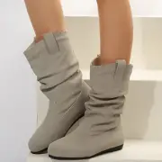 Ladies Fashion Solid Colour Round Toe Suede Flat Bottom Sleeve Mid Calf Boots