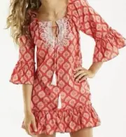 Nwt New Mud Pie Bag Ruffle White Red Orange Tunic Cover-Up. L Large Tassel Boho