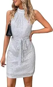 [Generic] Women's Sequin Sleeveless Halter Neck Cocktail Party Short Dress