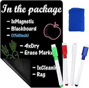 Magnetic Dry Erase Board for Refrigerator - Set of 17 x 11 Inches Black Board and 4 Magnetic Markers and a Rag, Small Fridge Chalkboard Magnetic for Daily Notes & a Shopping List