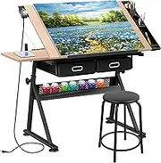 HomGarden Height Adjustable Drafting Desk Drawing Table Art Craft Work Station w/Stool, Power Outlet and Storage Drawers for Home Office Study Room, Natural