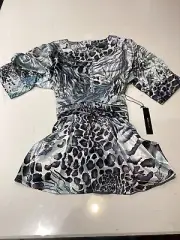 Bcbg Maxazria Satin Safari Babydoll Keyhole Blouse W/Tie Black Gray White Size M