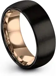 [Midnight Rose Collection] Tungsten Wedding Band Ring 8mm for Men Women Black & 18K Rose Gold Plated Domed Brushed Polished