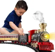 mickcara Train Set For Kids With Smoke Lights And Sounds, Electric Railway Toy Train With Steam Locomotive En