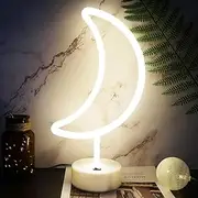 YIVIYAR LED Moon Neon Light, Moon Neon Sign Light Ramadan Decor with Base, USB/Battery Operated Moon Lamp Night Light Moon Decor Girls Room Decor Table Lamp Light up Sign for Bedroom,Christmas(Moon)