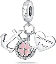 [Generic] M&S Forever Love Heart Charm Lucky Four Leaf Clover Anchor to Your Heart Charm Bead Pendant, 925 Sterling Silver Dangle Charm, Compatible With Pandora & European Bracelet �, Metal
