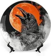 Crow Open Its Mouth Decorative Ceramic Dishes for Display, Boho Style Dinner Plate with Display Stand, Porcelain Plate for Home Decor, 6 Inch
