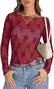 [OOHOKAY] Women's Lace Top Mesh Sheer Basic Shirt Mesh Top Sexy Blouse Transparent Tops Transparent Long Sleeve