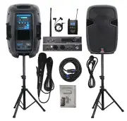 Pair Powered Active 12" Bluetoot Speakers Height Tripod Stands UHF monitor Mic