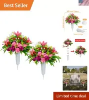 Vibrant Artificial Cemetery Flowers - 2 Pack with Sturdy Vase Ground Spike