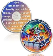 Sunflower Skeleton 10 Year Sobriety Coin - Reborn in Fire AA Medallion, Alcohol Free Ten Year Recovery Chip with Serenity Prayer - Alcoholics Anonymou Sobriety Gifts for Men Women