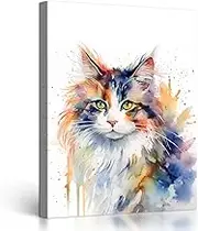 C8BUSIS Watercolor Animal Wall Art Posters for Nursery Decor Cute Cat Canvas Print Picture Modern Abstract Paintings Artworks for Boys Girls Bedroom Decoration (12"x16",Framed)