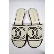 Chanel 21S Black Beige Mesh Patent CC Logo Slide Sandal Mule Slip On Flat 37.5