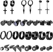 [ZUYIST] 15Pairs Mens Earrings, Stainless Steel Black Stud Earrings Zirconia Mens Earring Hoops Variety of Ear Piercing Studs for Men Women, 1mm, Stainless Steel, Zircon