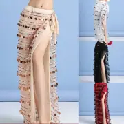 Women Long Skirt Side Slit Sequin Tassel Belly Dance Hip Scarf Sexy Practice