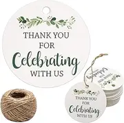Thank You for Celebrating with Us Tags, 100Pcs Greenery Thank You Tags for Wedding Birthday Baby Shower Party Favors, Paper Gift Tags with 100 Feet Jute String