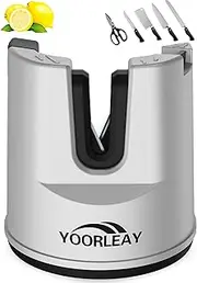 YOORLEAY Multi-Functional Knife Sharpener, Retractable V-Slot Knife Sharpening Tool for Kitchen Knives, Serrated Knives & Scissors, Suction Cup Fixed Knife Sharpeners, Silver