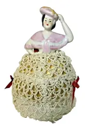 Victorian Pin Cushion Glazed Porcelain Half Doll with Crocheted Skirt 6" Tall