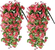 Lenamos 2 Pack Artificial Hanging Flowers, Fake Hanging Plants Dichroism Orchid Flower UV Resistant Bouquet for Wall Home Room Garden Wedding Indoor Outdoor Summer Decoration(Rose Red)