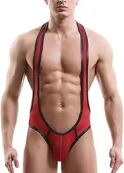 [ARSAVDCG] Men's Jockstrap Leotard Underwear Sexy Mesh Undershirts, PU Leather Open Butt Bugle Pouch Bodysuit Leotard Wrestling Singlet Backless Sexy One-Piece Jumpsuit