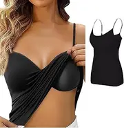 [Ruayia] Tops with Integrated Bra, Women's Cotton Tank Top, Undershirt, Bra Shirt, Adjustable Spaghetti Straps Tops, Cotton Tank Top with Shelf Bra