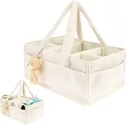 Baby Diaper Caddy Organizer with Bear Toy Large Capacity Baby Storage Basket with Multiple Compartments and Handle Portable Diaper Organizer for Changing Table and Travel (Beige)
